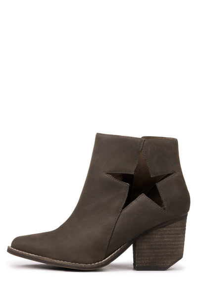 Jeffrey Campbell NAZAROVA Brown Stacked Block Heel Pointed Bootie Star Boot