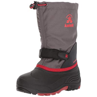 Kamik Kids Waterbug5 Snow Boot, Charcoal/Red Rounded Toe Insulated Booties