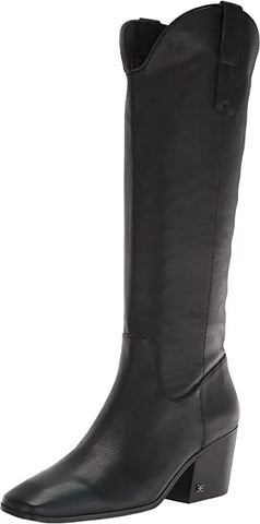 Sam Edelman Britten Black Squared Toe Block Heel Leather Knee High Western Boots