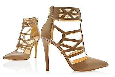Esdra Nude Leather Pointed Toe Single Sole High Heel Cutout Strappy Ankle Bootie