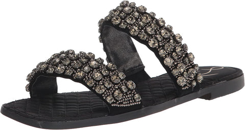 Sam Edelman Ezel Black Squared Open Toe Embellished Slip On Flats Sandals