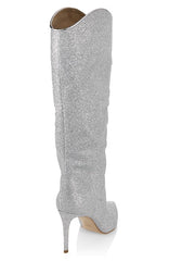 Schutz Maryana Glow Metallic Silver Pointed Toe Mid Stiletto Heel High Knee Boot