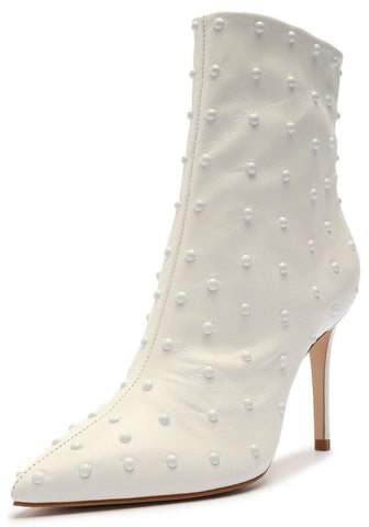 Schutz Anne Nappa White Pull On Pearl Embellished Upper Stiletto Heel Booties