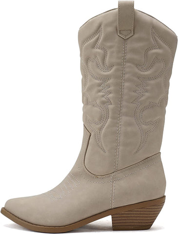 Soda Reno Cream Nubuck Western Cowboy Pointed Toe Knee High Pull On Tabs Boots