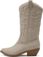 Soda Reno Sand Nubuck Pull On Tabs Pointed Toe Stitched Western Knee High Boots