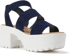 Soda Account Navy Suede Ankle Strap Round Open Toe Strappy Block Heeled Sandals