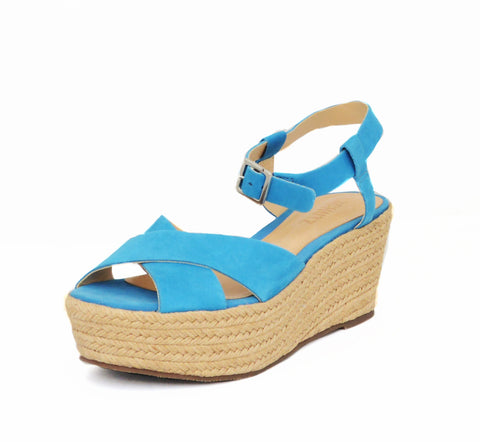 Schutz Hawaii Blue Leather Braided Wedge Platform Buckle Strap Enclose Sandals