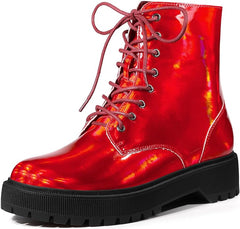 Allegra-K Red Patent Fashion Lace Up Rounded Toe Chunky Platform Combat Ankle Boots 10