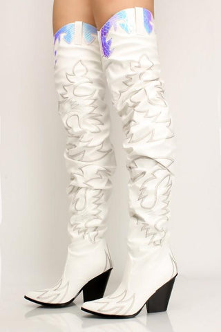 Cape Robbin Kelsey-21 White Over The Knee Pointed Toe Western Thigh High Boots