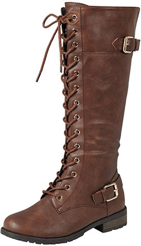 Forever Link Mango-27 Strappy Lace-Up Knee High Combat Stacked Heel Boot,Brown,