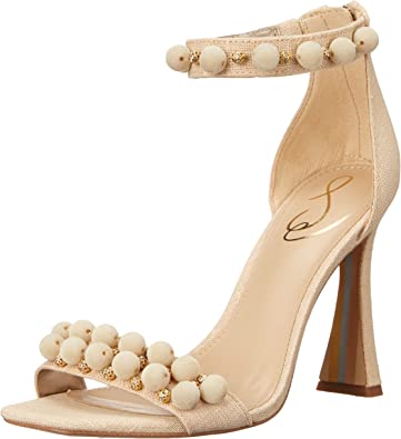 Sam Edelman Luella Sand Linen Beads Ankle Strap Open Toe Flared Heel Sandals