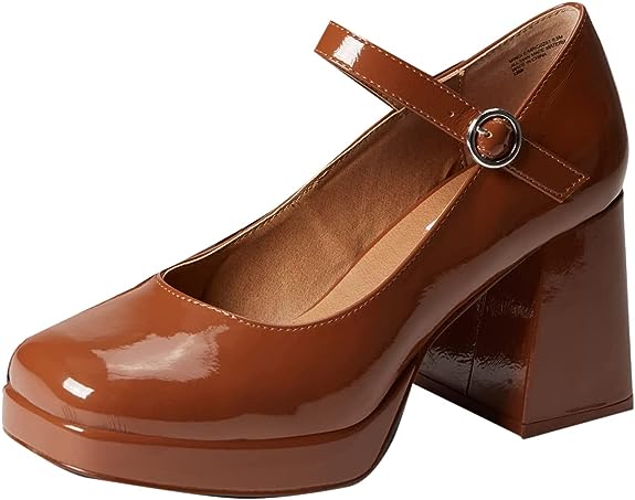 Steve Madden Mingle Cognac Patent Block Heel Mary Jane Strap Fashion Pumps