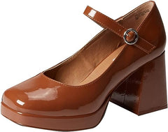 Steve Madden Mingle Cognac Patent Block Heel Mary Jane Strap Fashion Pumps