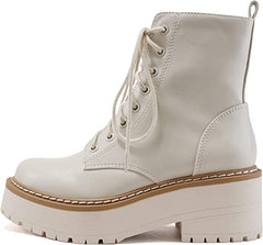 Soda Fling Off White Pu Lace Up Chunky Lug Sole Rounded Toe Combat Ankle Boots