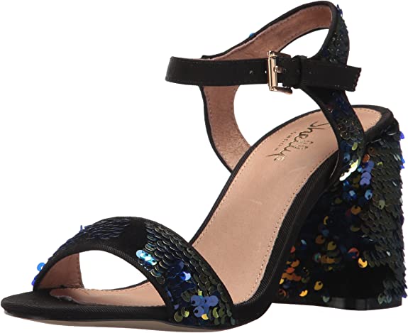 Shellys London Gale Black Blue Sequin Open Toe Retro Sandals Chunky City Heels