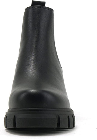 Soda Pioneer Black Lug Sole Mid Heel Gore Chelsea Fashion Ankle Elastic Booties