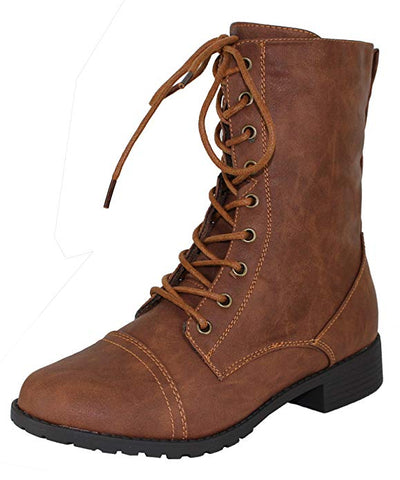 Forever Link Jalen-88 Tan Military Lace up Knit Ankle Cuff Low Heel Combat Boots