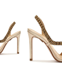 Schutz Court Gold Metallic Crystal Studs Pull On Open Toe Stiletto Heel Sandals