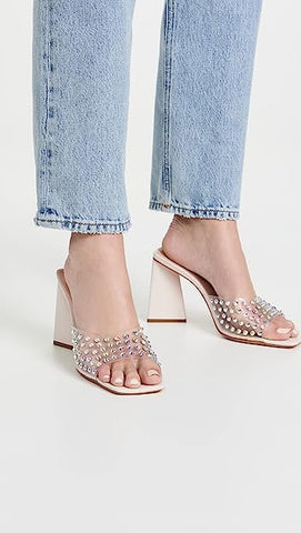 Schutz Lizah Crystal Pearl Clear Crsytal Vamp Slip On Open Toe Heeled Sandals