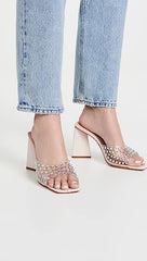 Schutz Lizah Crystal Pearl Clear Crsytal Vamp Slip On Open Toe Heeled Sandals