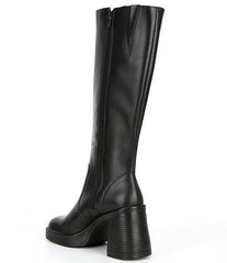 Steve Madden Fanatik Black Leather Block Heel Squared Toe Knee High Boots