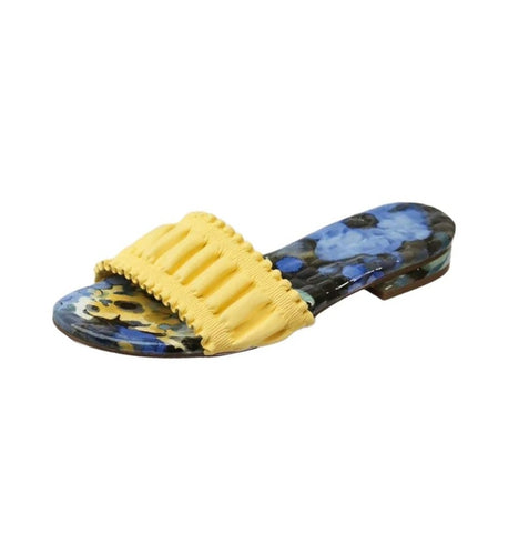 Cecelia New York Liberty Yellow Blue Flower Print Slip On Open Toe Slide Sandals