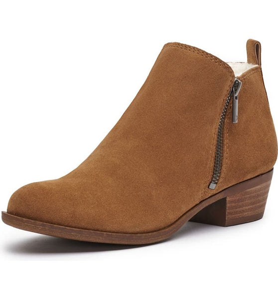 Lucky Brand Basel Topanga Tan Cozy Faux Shearling Almond Toe Suede Ankle Boots Wide