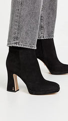 Sam Edelman Jaye Black Suede Block Heel Rounded Toe Leather Ankle Boots