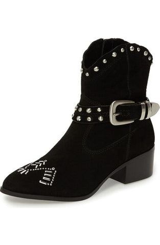 BCBG Lokki Cowboy Ankle Bootie Black Suede Western Cowgirls Studded Buckle Boots