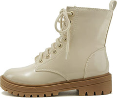Soda Firm Bone Patent Lace Up Rounded Toe Chunky Platform Combat Ankle Boots