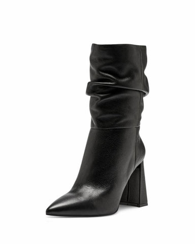 Vince Camuto Ambie Black Leather Slouch Pointed Boot Mid Calf Block Heel Booties