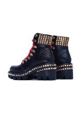 Cape Robbin Nia Platform Ankle Moto Combat Boots Black Red Lace Gold Stud