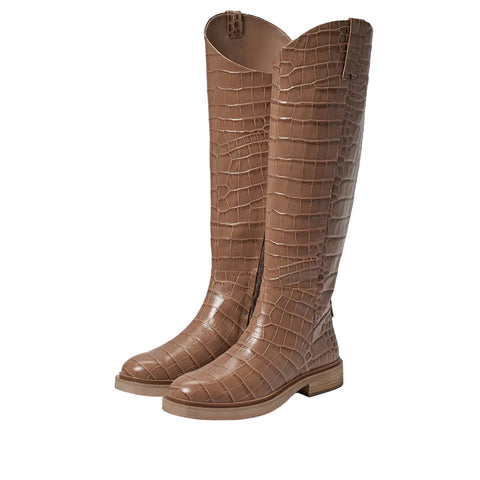 Sam Edelman Fable Cedarwood Croc Wide Calf Leather Block Heel Rounded Toe Boots