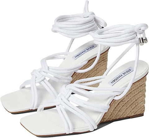 Steve Madden Idolized White Tie Up Strappy Squared Open Toe Wedge Heeled Sandals