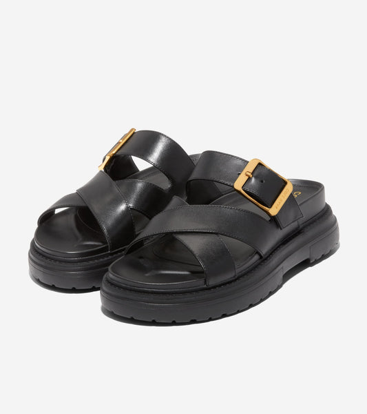 Cole Haan Fraya Slide Black Leather Slip On Open Rounded Toe Chunky Heel Sandals