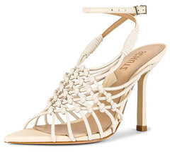 Schutz Tinah Egg Shell Woven Vamp Ankle Strap Open Toe Stiletto Heel Sandals