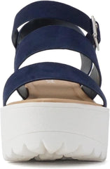 Soda Account Navy Suede Ankle Strap Round Open Toe Strappy Block Heeled Sandals