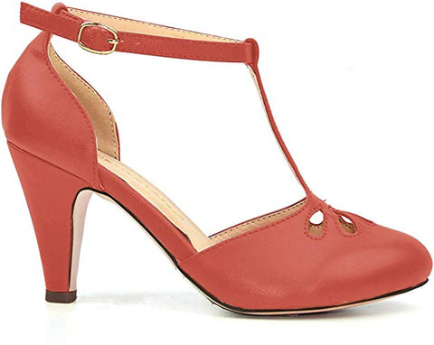 Chase & Chloe Kimmy-36 Women's Teardrop T-Strap Mid Heel Pumps, Coral Pu