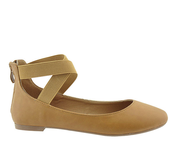 Bella Marie Dana-19 Tan Pu Classic Ballerina Flats Elastic Crossing Straps