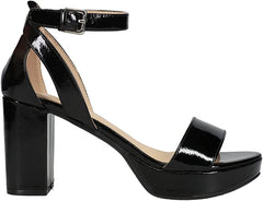 Chinese Laundry Go On Black Patent Ankle Strap Open Toe Block Heeled Sandals
