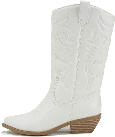 Soda Reno White/Beige Pu Cowboy Pointed Toe Knee High Pull On Western Boots