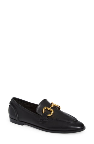 Jeffrey Campbell Velviteen Bit Leather Flat Slip On Loafer Black Gold Buckle