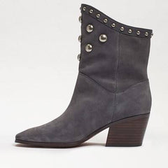 Sam Edelman Brie Grey Leather Block Heeled Almond Toe Pull On Ankle Booties