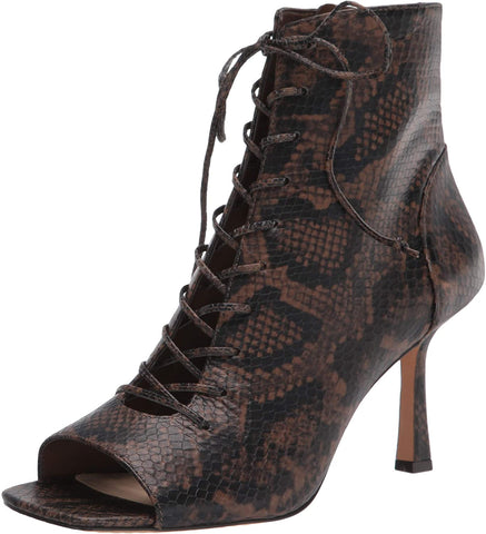 Vince Camuto Eshilliy Dark Brown Snake Print Lace Up Stiletto Open Toe Boots