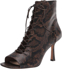 Vince Camuto Eshilliy Dark Brown Snake Print Lace Up Stiletto Open Toe Boots