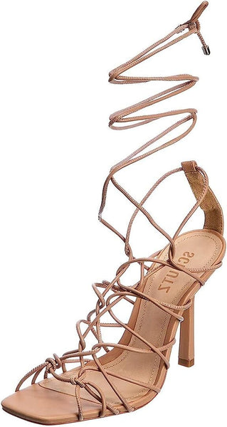 Schutz Heyde Honey Beige Square Toe Multi-Straps Lace Up Stiletto Heel Sandals