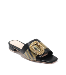 Cecelia New York MAUI Slide Sandal Black Leather Gold Embellished Flat Mule