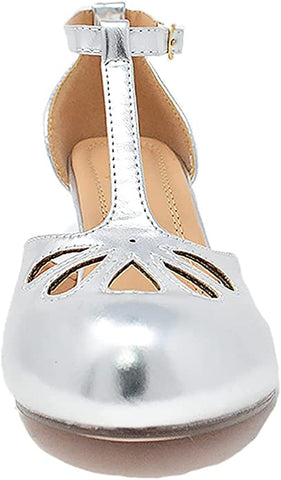 Chase & Chloe Kimmy-36 Teardrop T-Strap Mid Heel Pumps Silver