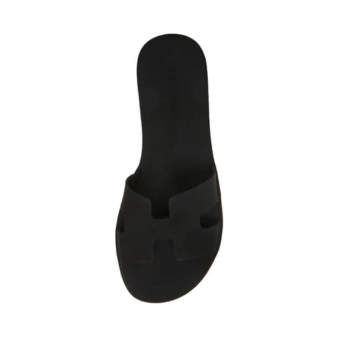 Steve Madden Hadyn-J Black Leather Slip On Open Rounded Toe Fashion Flat Sandals