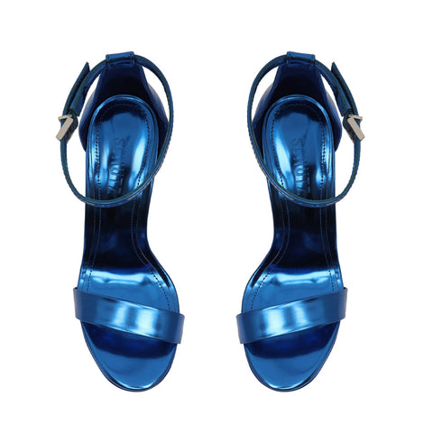 Schutz Cadey-Lee Blue Snake Sleek Buckle Ankle Strap High Heel Platforms Sandals